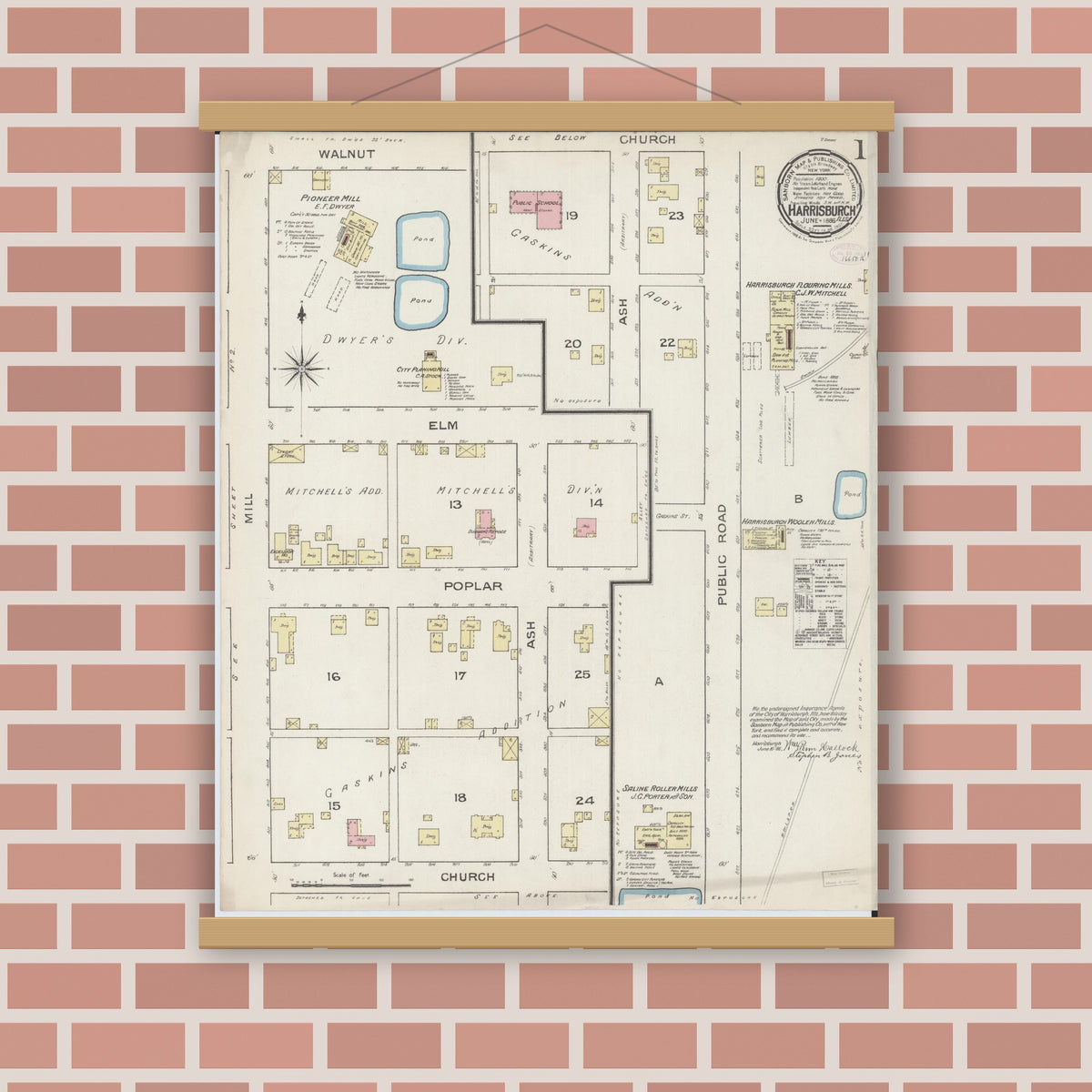 Old map wall art mockup — magnetic wood frame on brick wall — Sanborn Fire Insurance Map from Harrisburg, Saline County, Illinois (1886) - Complete Map Set