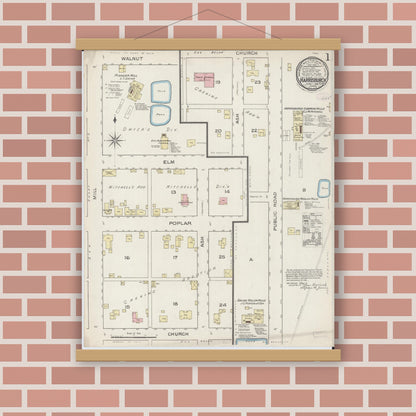 Old map wall art mockup — magnetic wood frame on brick wall — Sanborn Fire Insurance Map from Harrisburg, Saline County, Illinois (1886) - Complete Map Set
