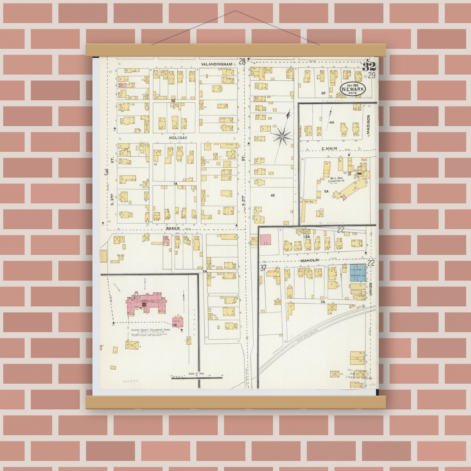Old map wall art mockup — magnetic wood frame on brick wall — Sanborn Fire Insurance Map from Newark, Licking County, Ohio (1905), Sheet #0032