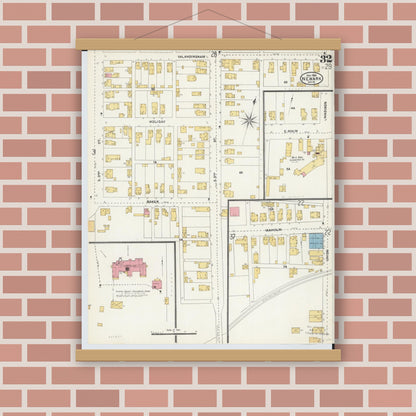 Old map wall art mockup — magnetic wood frame on brick wall — Sanborn Fire Insurance Map from Newark, Licking County, Ohio (1905), Sheet #0032