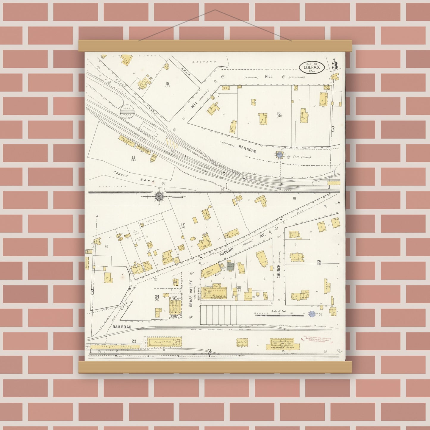 Old map wall art mockup — magnetic wood frame on brick wall — Sanborn Fire Insurance Map from Colfax, Placer County, California (1910), Sheet #0003