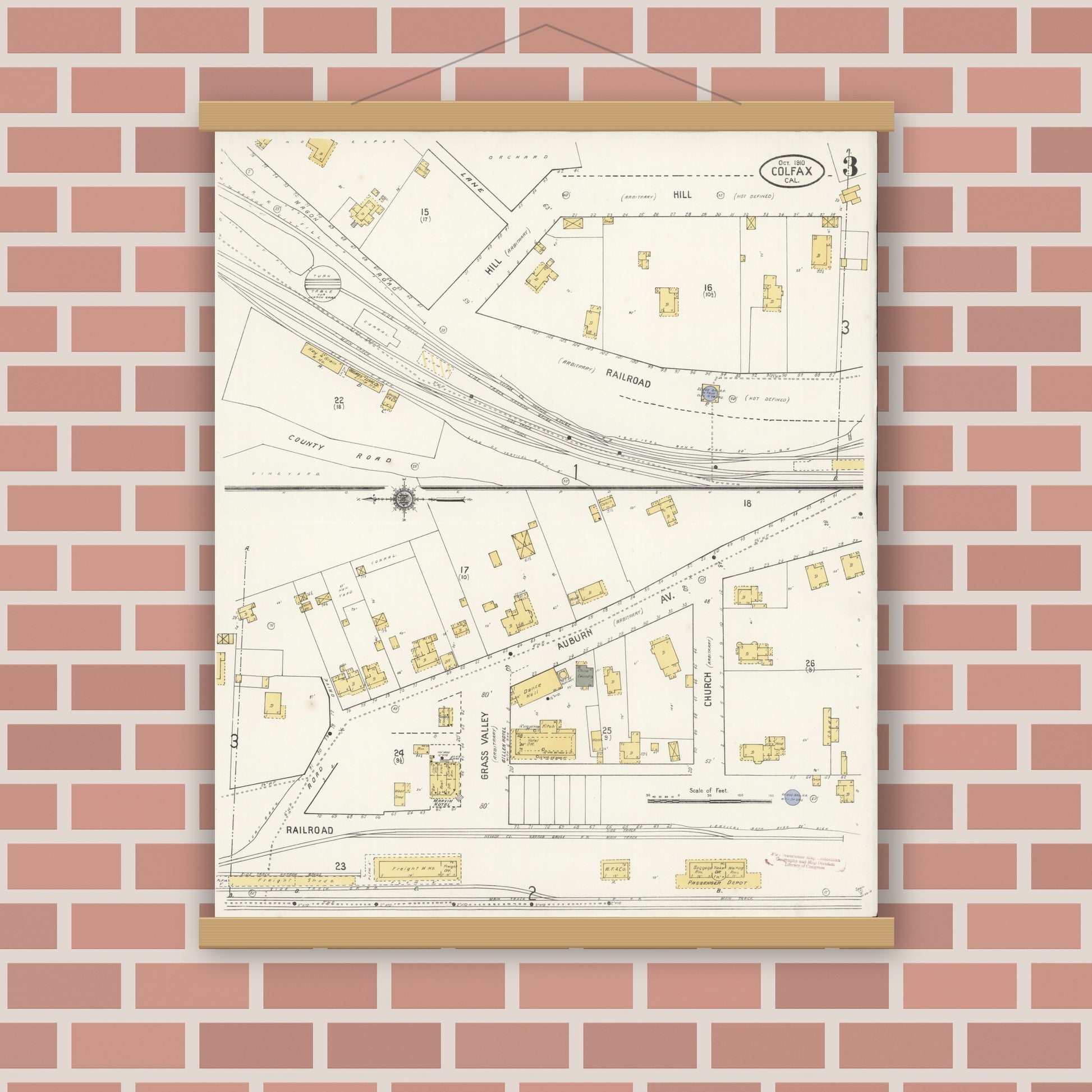 Old map wall art mockup — magnetic wood frame on brick wall — Sanborn Fire Insurance Map from Colfax, Placer County, California (1910), Sheet #0003