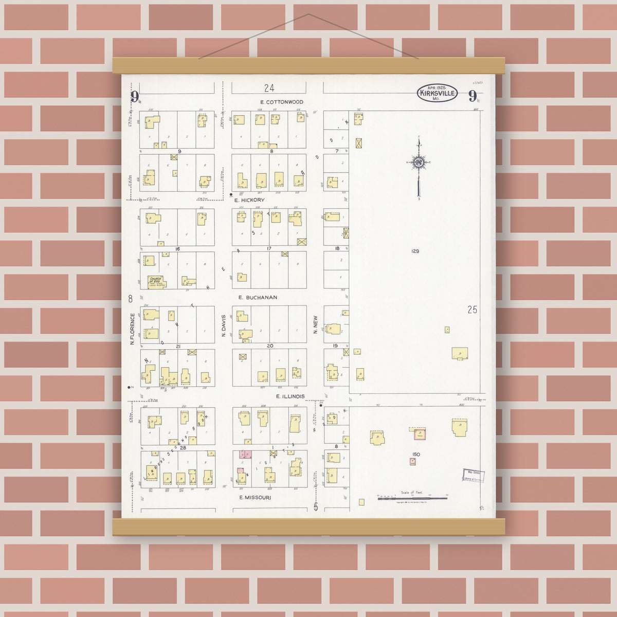Old map wall art mockup — magnetic wood frame on brick wall — Sanborn Fire Insurance Map from Kirksville, Adair County, Missouri (1925), Sheet #0009