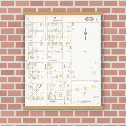 Old map wall art mockup — magnetic wood frame on brick wall — Sanborn Fire Insurance Map from Kirksville, Adair County, Missouri (1925), Sheet #0009