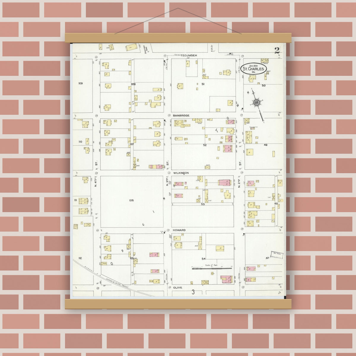 Old map wall art mockup — magnetic wood frame on brick wall — Sanborn Fire Insurance Map from Saint Charles, Saint Charles County, Missouri (1909), Sheet #0002