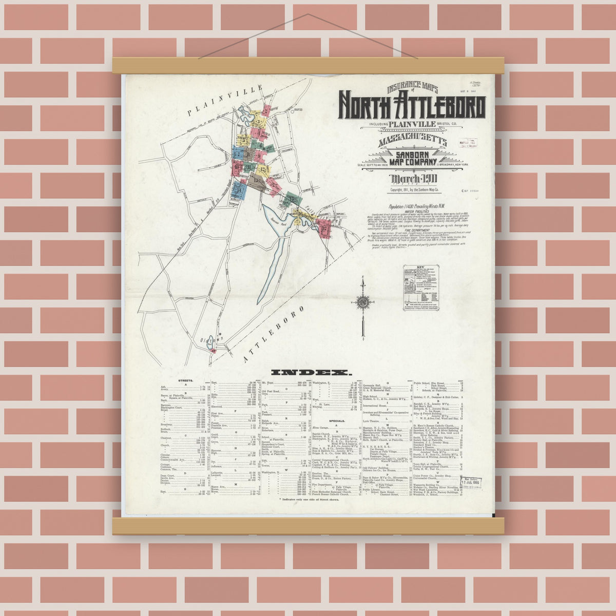 Old map wall art mockup — magnetic wood frame on brick wall — Sanborn Fire Insurance Map from North Attleborough, Bristol County, Massachusetts (1911) - Complete Map Set
