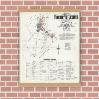 Old map wall art mockup — magnetic wood frame on brick wall — Sanborn Fire Insurance Map from North Attleborough, Bristol County, Massachusetts (1911) - Complete Map Set
