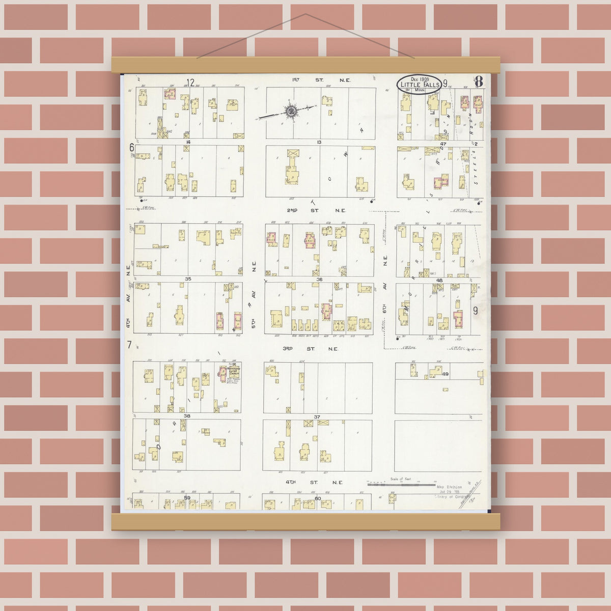 Old map wall art mockup — magnetic wood frame on brick wall — Sanborn Fire Insurance Map from Little Falls, Morrison County, Minnesota (1909), Sheet #0008