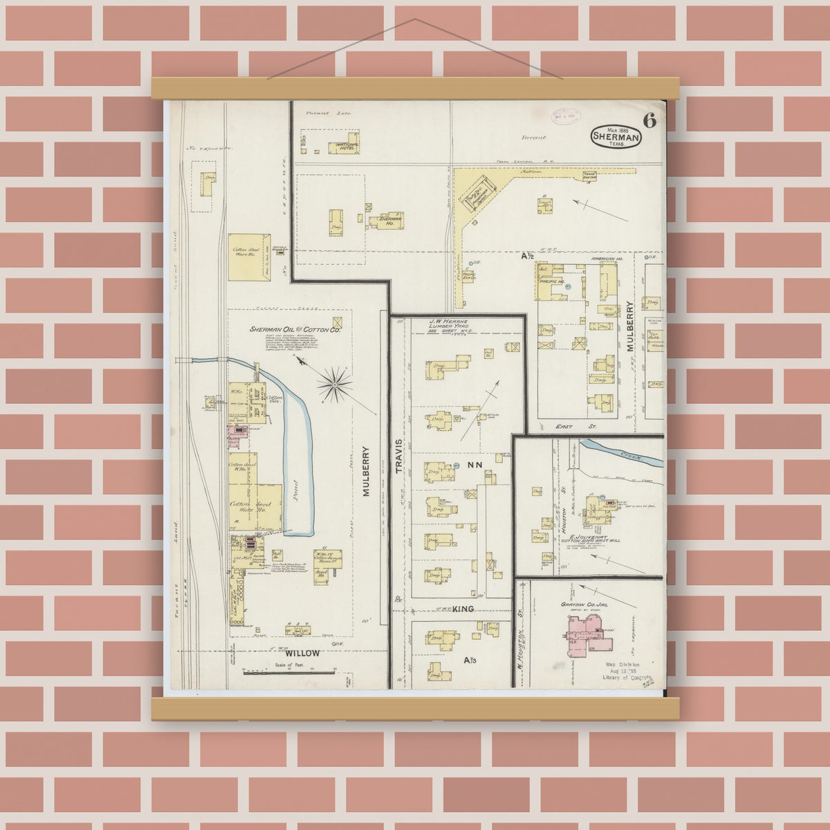 Old map wall art mockup — magnetic wood frame on brick wall — Sanborn Fire Insurance Map from Sherman, Grayson County, Texas (1888), Sheet #0006