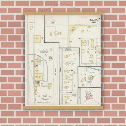 Old map wall art mockup — magnetic wood frame on brick wall — Sanborn Fire Insurance Map from Sherman, Grayson County, Texas (1888), Sheet #0006