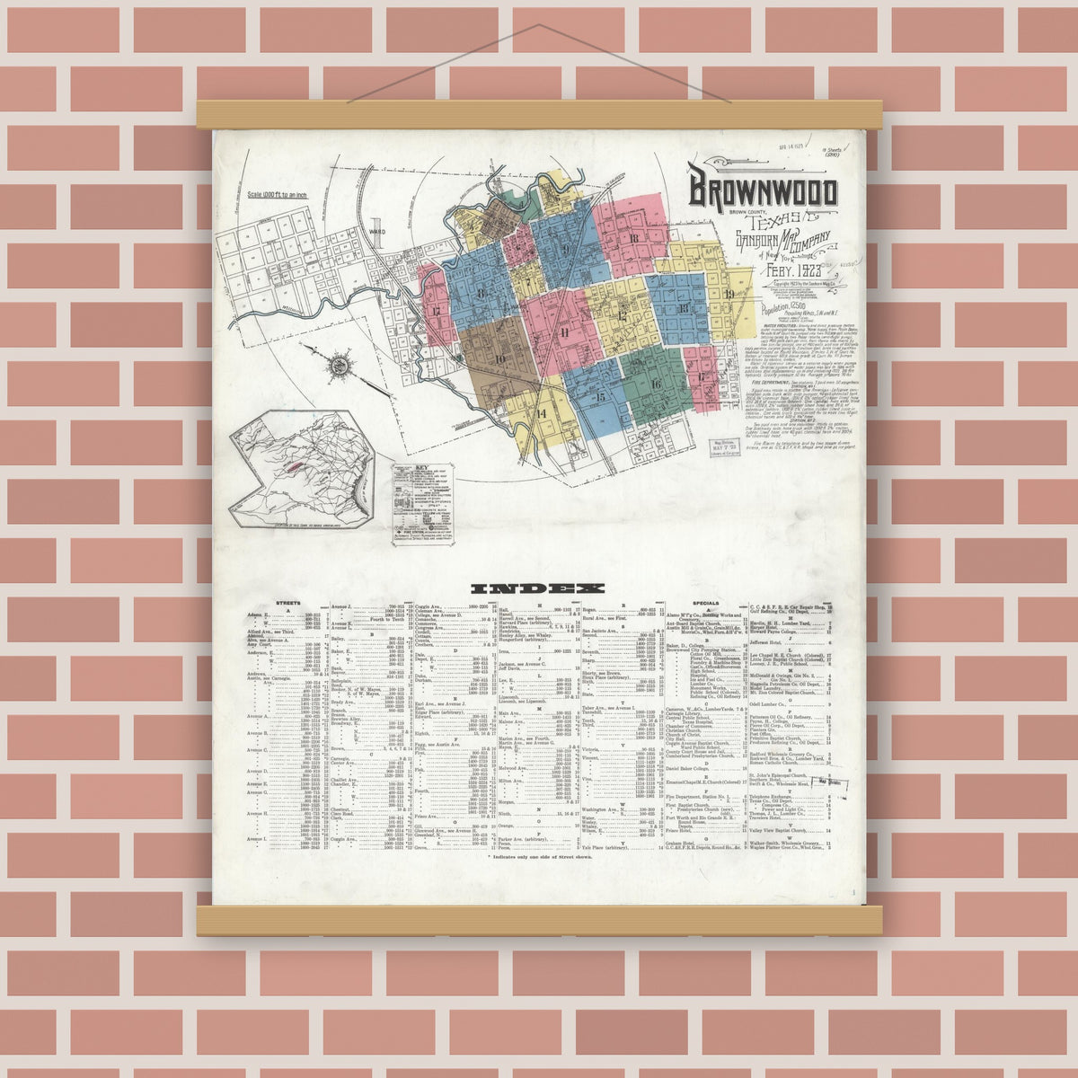 Old map wall art mockup — magnetic wood frame on brick wall — Sanborn Fire Insurance Map from Brownwood, Brown County, Texas (1923) - Complete Map Set