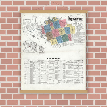 Old map wall art mockup — magnetic wood frame on brick wall — Sanborn Fire Insurance Map from Brownwood, Brown County, Texas (1923) - Complete Map Set