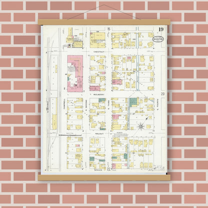 Old map wall art mockup — magnetic wood frame on brick wall — Sanborn Fire Insurance Map from Ironton, Lawrence County, Ohio (1909), Sheet #0019