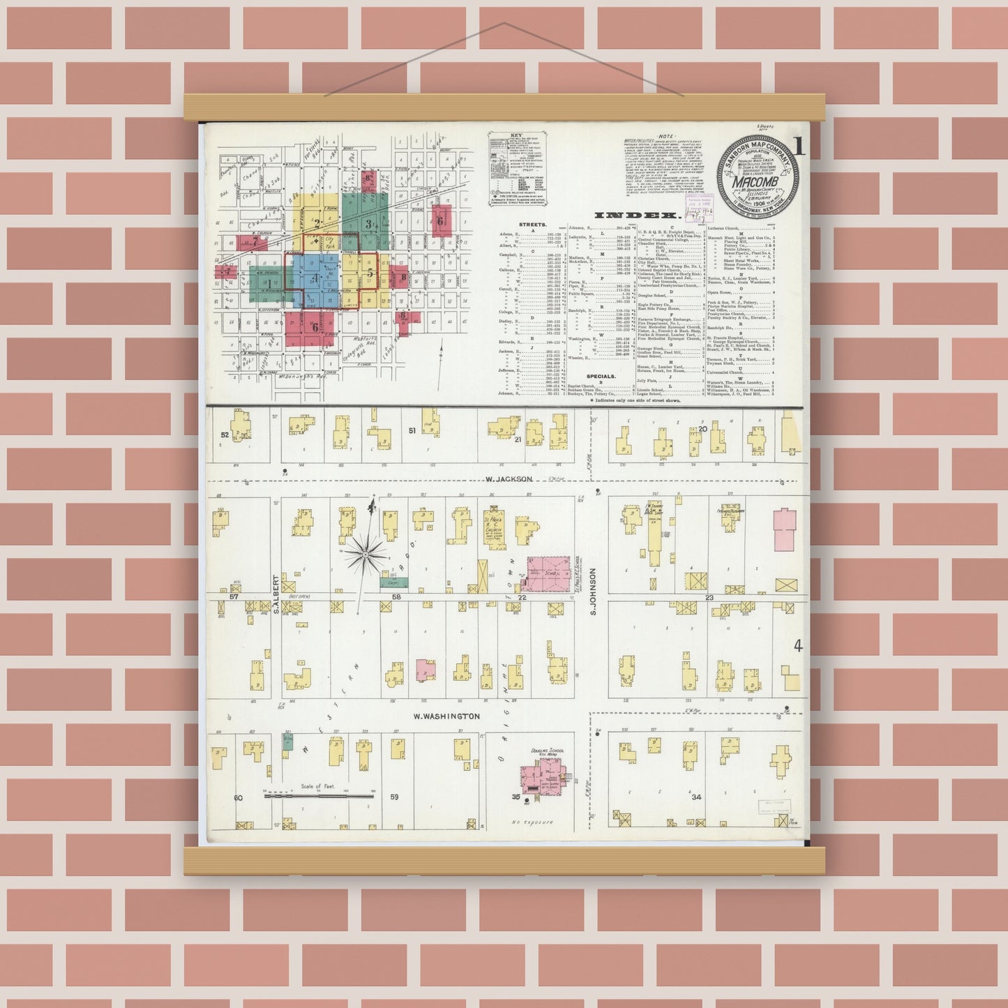 Old map wall art mockup — magnetic wood frame on brick wall — Sanborn Fire Insurance Map from Macomb, Mcdonough County, Illinois (1906), Sheet #0001