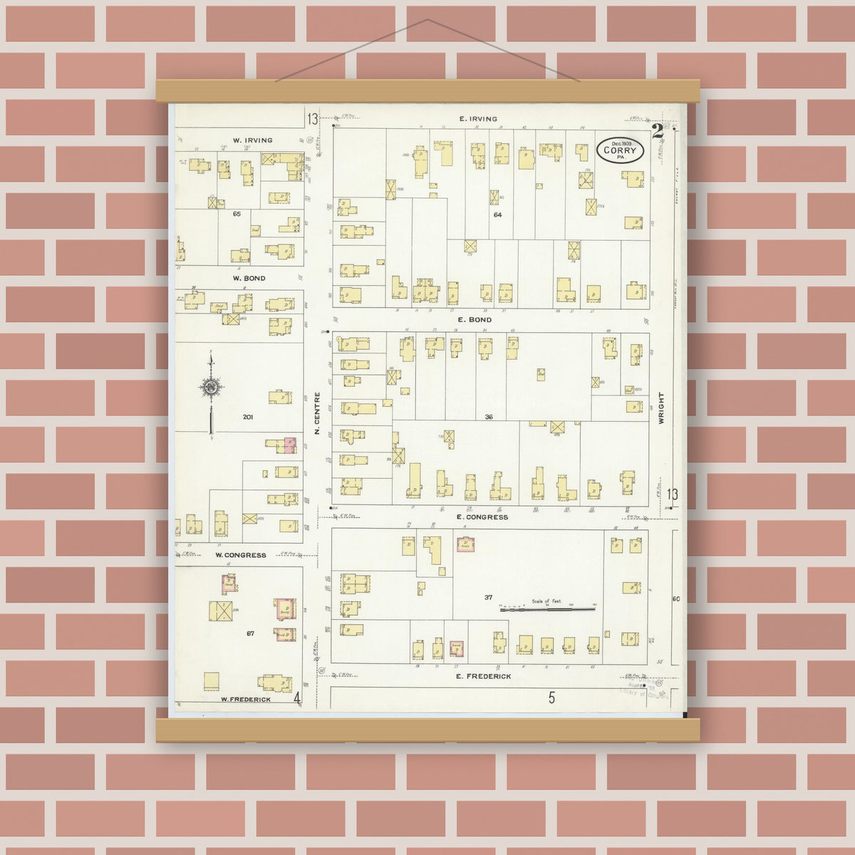 Old map wall art mockup — magnetic wood frame on brick wall — Sanborn Fire Insurance Map from Corry, Erie County, Pennsylvania (1909), Sheet #0002