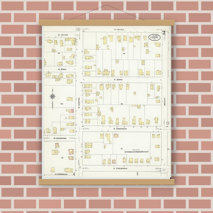 Old map wall art mockup — magnetic wood frame on brick wall — Sanborn Fire Insurance Map from Corry, Erie County, Pennsylvania (1909), Sheet #0002
