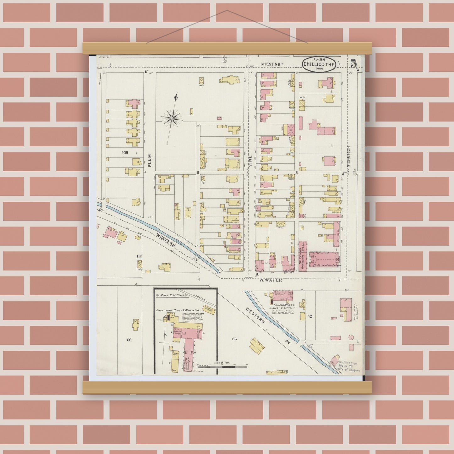 Old map wall art mockup — magnetic wood frame on brick wall — Sanborn Fire Insurance Map from Chillicothe, Ross County, Ohio (1895), Sheet #0005