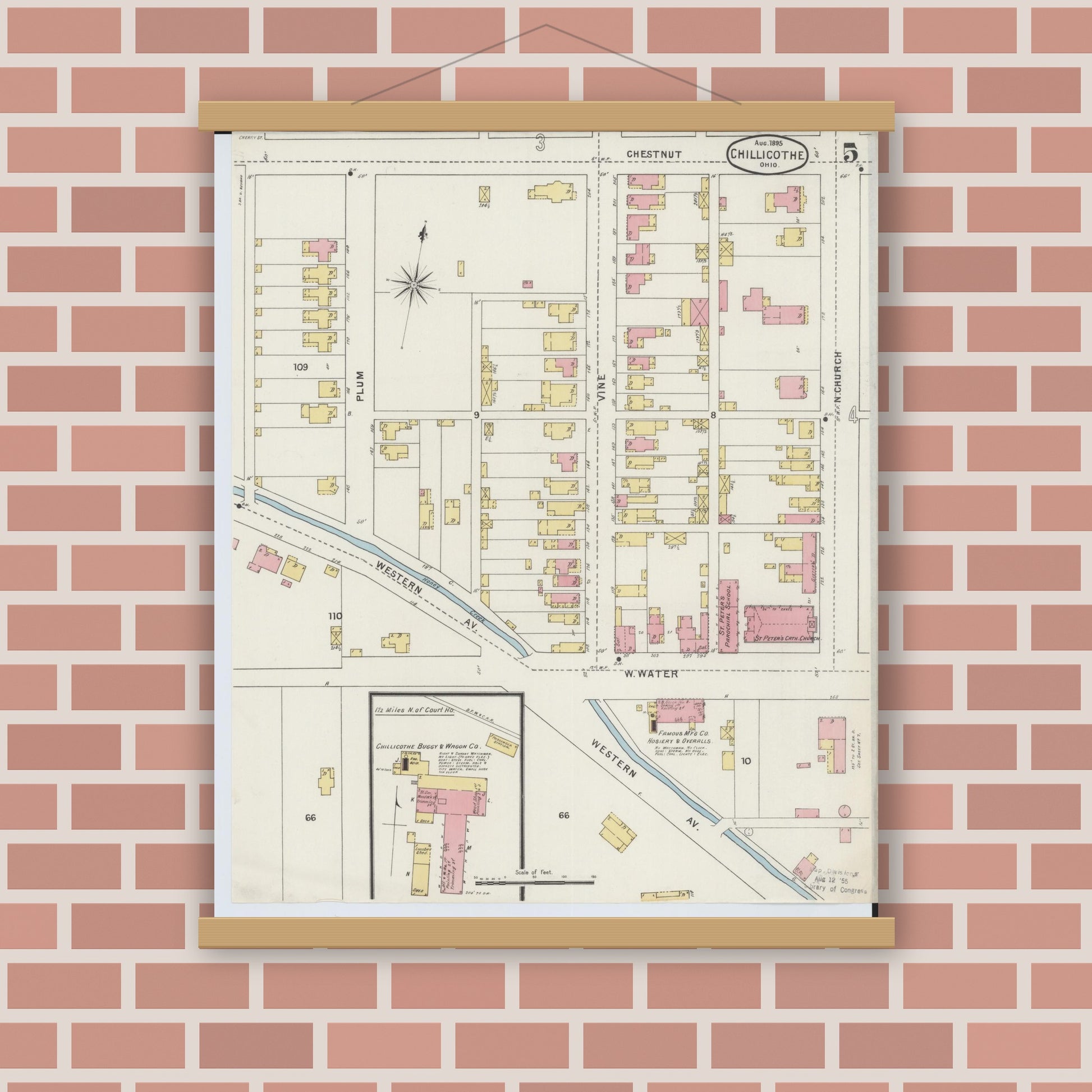 Old map wall art mockup — magnetic wood frame on brick wall — Sanborn Fire Insurance Map from Chillicothe, Ross County, Ohio (1895), Sheet #0005