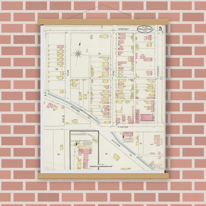 Old map wall art mockup — magnetic wood frame on brick wall — Sanborn Fire Insurance Map from Chillicothe, Ross County, Ohio (1895), Sheet #0005