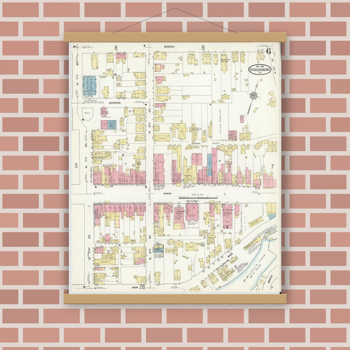 Old map wall art mockup — magnetic wood frame on brick wall — Sanborn Fire Insurance Map from Stroudsburg, Monroe County, Pennsylvania (1912), Sheet #0006