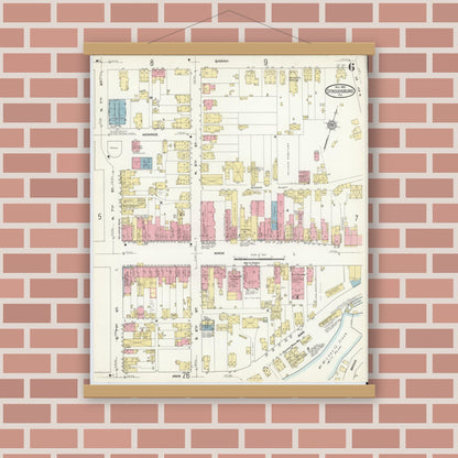 Old map wall art mockup — magnetic wood frame on brick wall — Sanborn Fire Insurance Map from Stroudsburg, Monroe County, Pennsylvania (1912), Sheet #0006