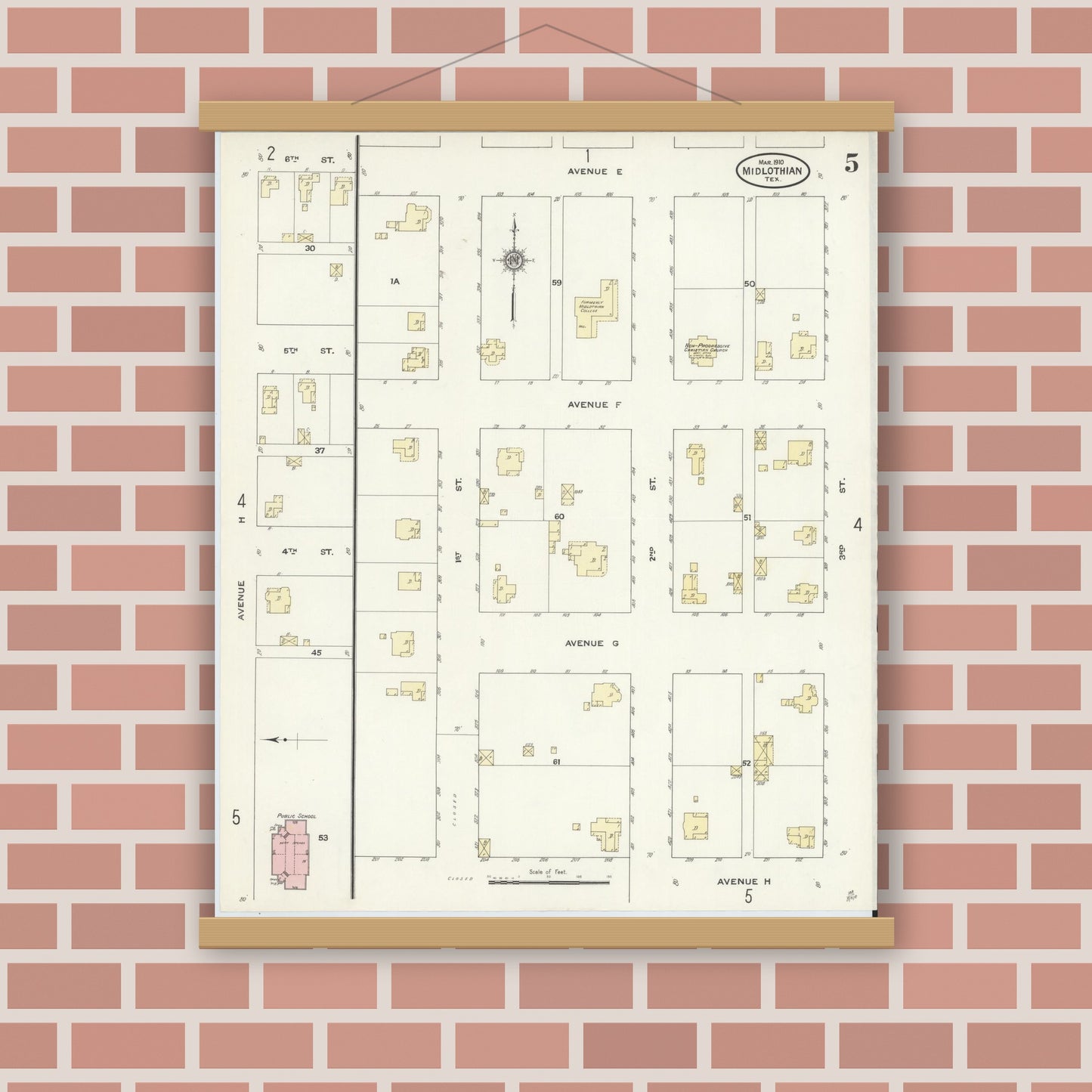Old map wall art mockup — magnetic wood frame on brick wall — Sanborn Fire Insurance Map from Midlothian, Ellis County, Texas (1910), Sheet #0005