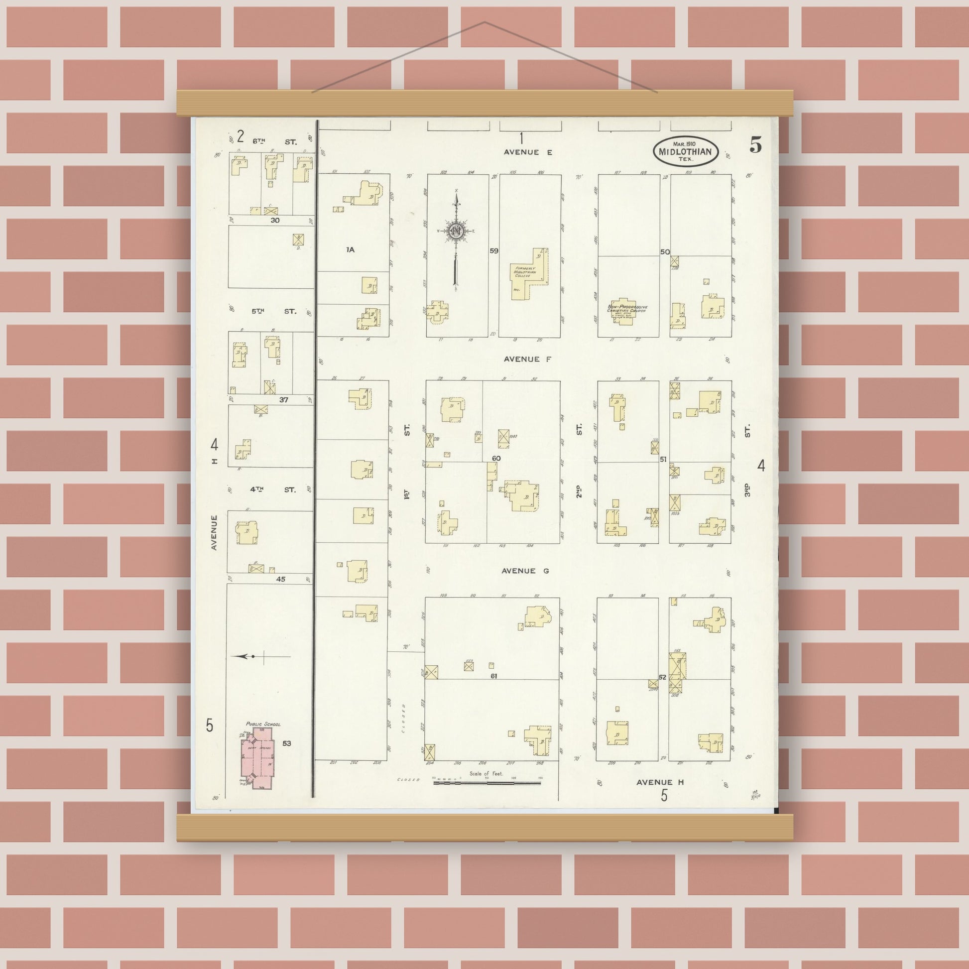 Old map wall art mockup — magnetic wood frame on brick wall — Sanborn Fire Insurance Map from Midlothian, Ellis County, Texas (1910), Sheet #0005