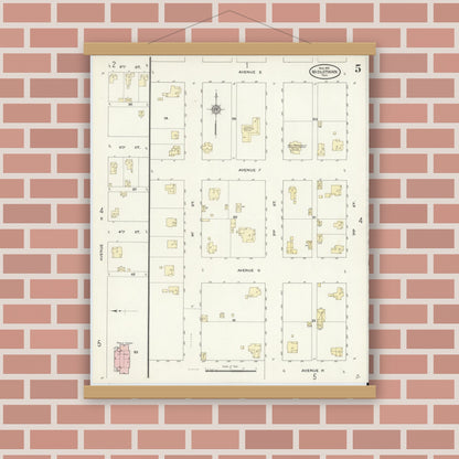 Old map wall art mockup — magnetic wood frame on brick wall — Sanborn Fire Insurance Map from Midlothian, Ellis County, Texas (1910), Sheet #0005