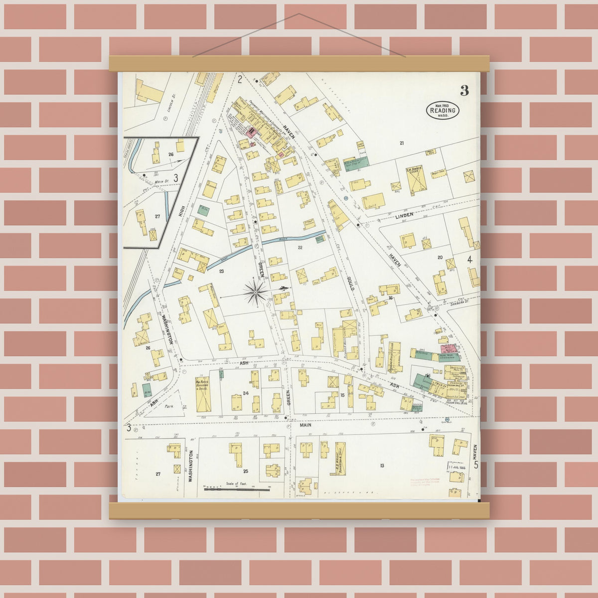 Old map wall art mockup — magnetic wood frame on brick wall — Sanborn Fire Insurance Map from Reading, Middlesex County, Massachusetts (1903), Sheet #0003
