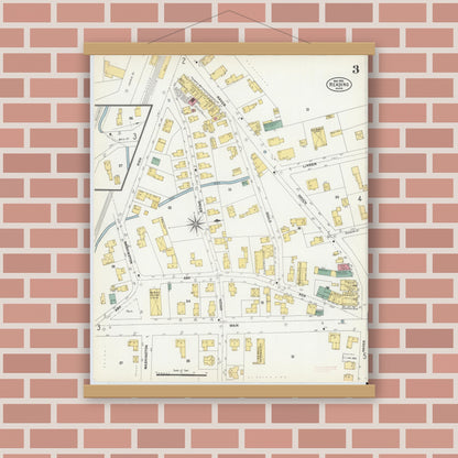 Old map wall art mockup — magnetic wood frame on brick wall — Sanborn Fire Insurance Map from Reading, Middlesex County, Massachusetts (1903), Sheet #0003