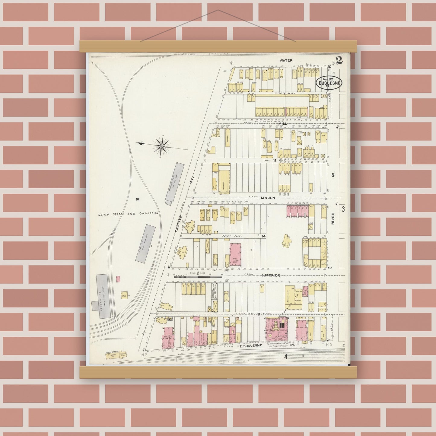 Old map wall art mockup — magnetic wood frame on brick wall — Sanborn Fire Insurance Map from Duquesne, Allegheny County, Pennsylvania (1907), Sheet #0002