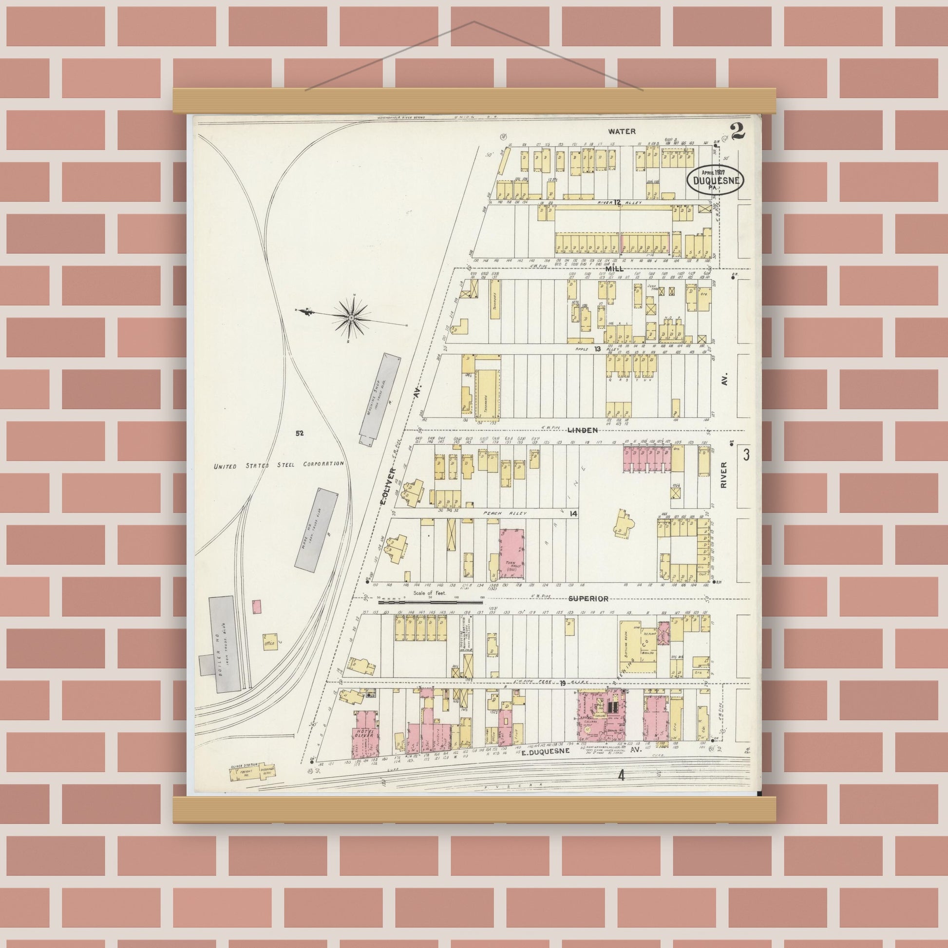 Old map wall art mockup — magnetic wood frame on brick wall — Sanborn Fire Insurance Map from Duquesne, Allegheny County, Pennsylvania (1907), Sheet #0002