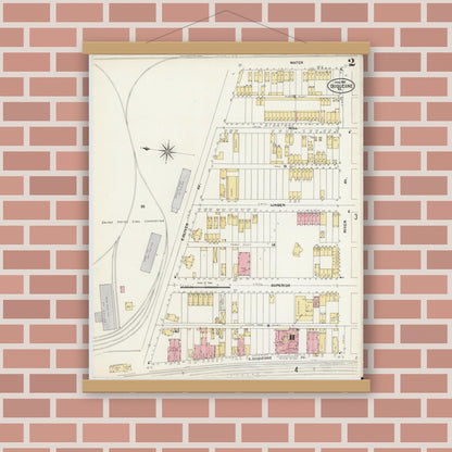 Old map wall art mockup — magnetic wood frame on brick wall — Sanborn Fire Insurance Map from Duquesne, Allegheny County, Pennsylvania (1907), Sheet #0002