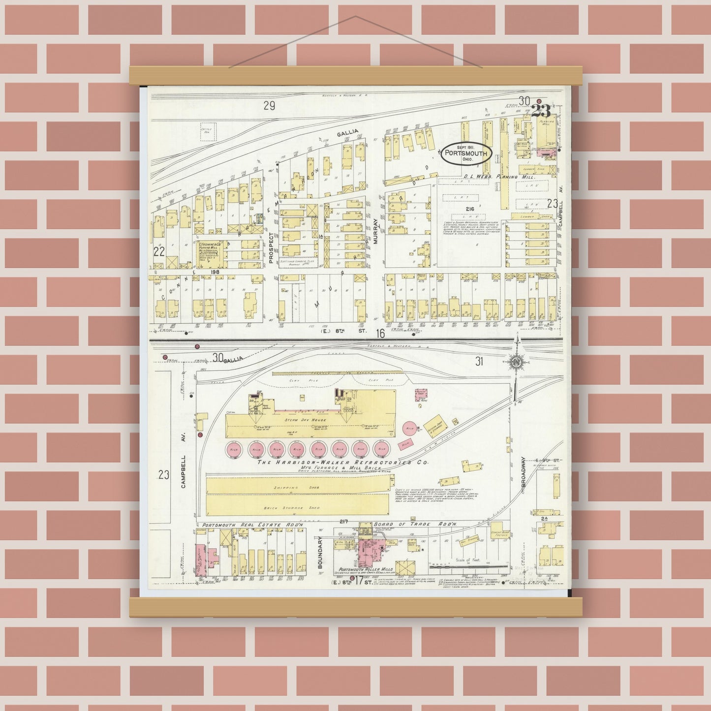 Old map wall art mockup — magnetic wood frame on brick wall — Sanborn Fire Insurance Map from Portsmouth, Scioto County, Ohio (1911), Sheet #0023
