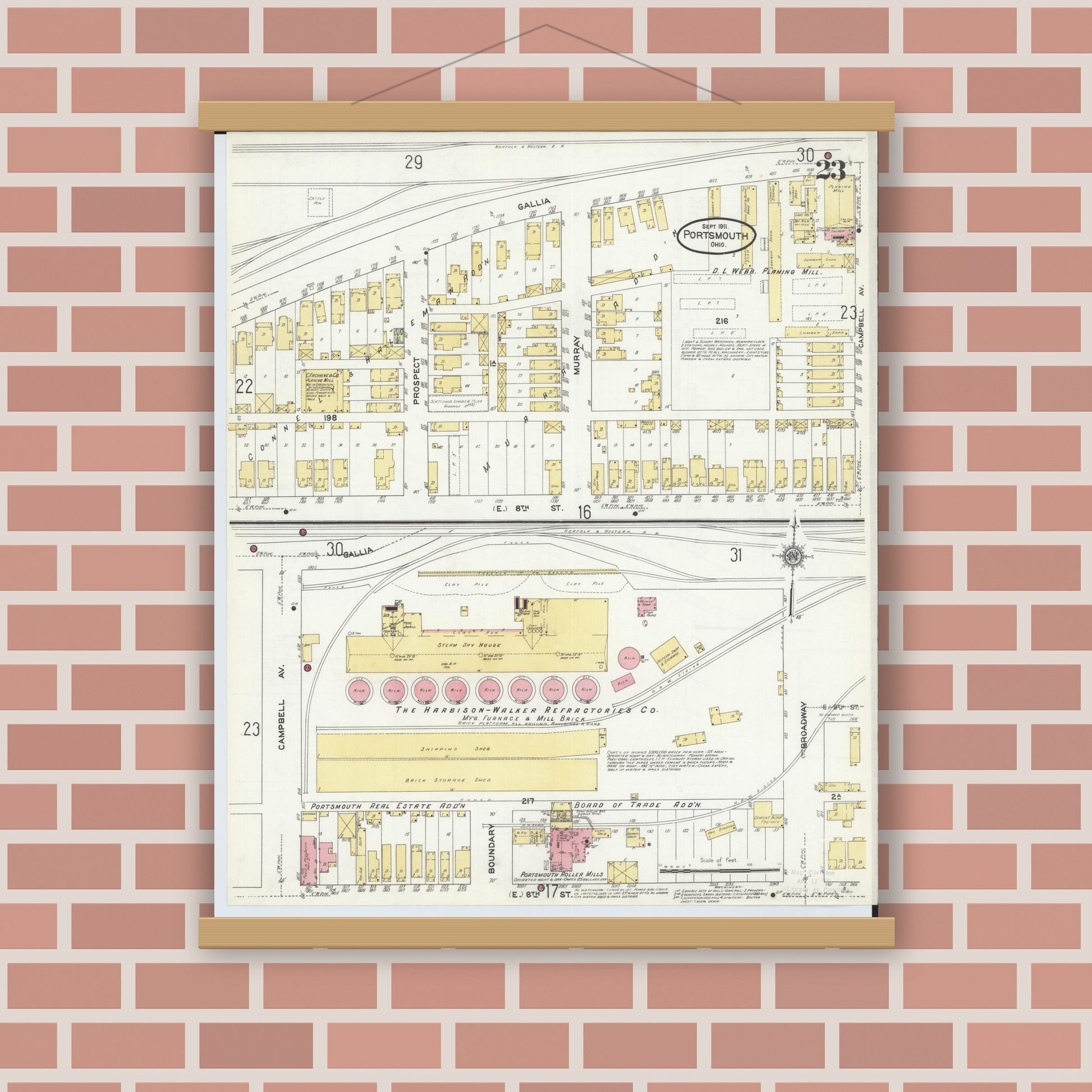 Old map wall art mockup — magnetic wood frame on brick wall — Sanborn Fire Insurance Map from Portsmouth, Scioto County, Ohio (1911), Sheet #0023