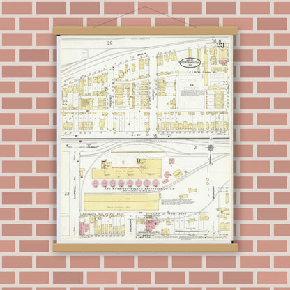 Old map wall art mockup — magnetic wood frame on brick wall — Sanborn Fire Insurance Map from Portsmouth, Scioto County, Ohio (1911), Sheet #0023