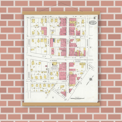 Old map wall art mockup — magnetic wood frame on brick wall — Sanborn Fire Insurance Map from Bicknell, Knox County, Indiana (1921), Sheet #0008