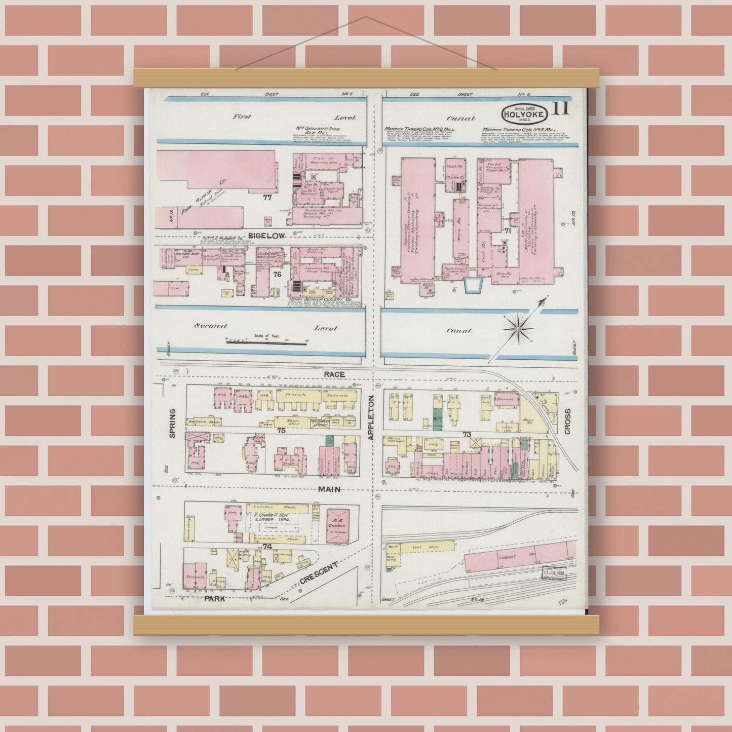 Old map wall art mockup — magnetic wood frame on brick wall — Sanborn Fire Insurance Map from Holyoke, Hampden County, Massachusetts (1889), Sheet #0011