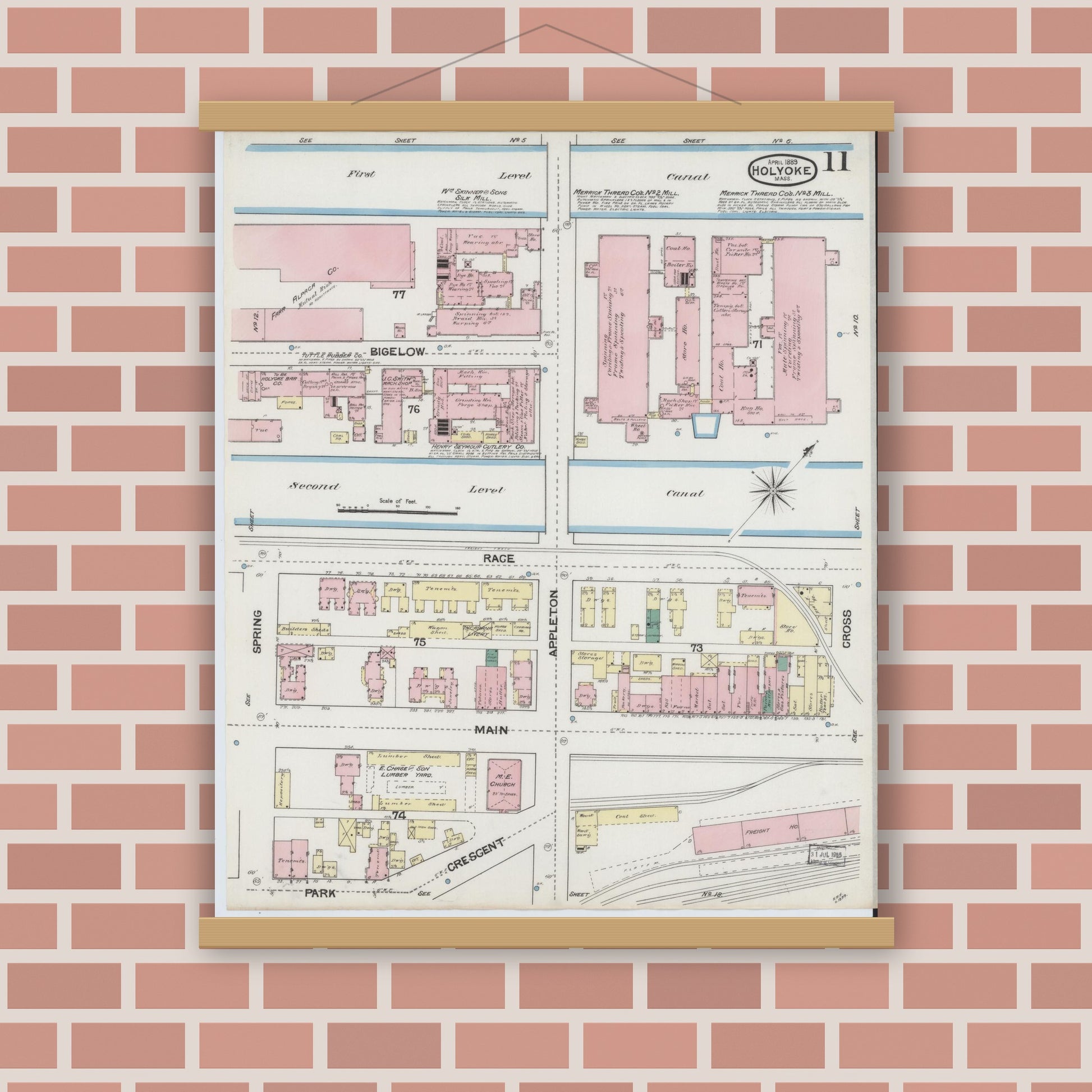 Old map wall art mockup — magnetic wood frame on brick wall — Sanborn Fire Insurance Map from Holyoke, Hampden County, Massachusetts (1889), Sheet #0011