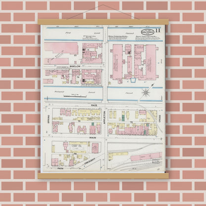 Old map wall art mockup — magnetic wood frame on brick wall — Sanborn Fire Insurance Map from Holyoke, Hampden County, Massachusetts (1889), Sheet #0011