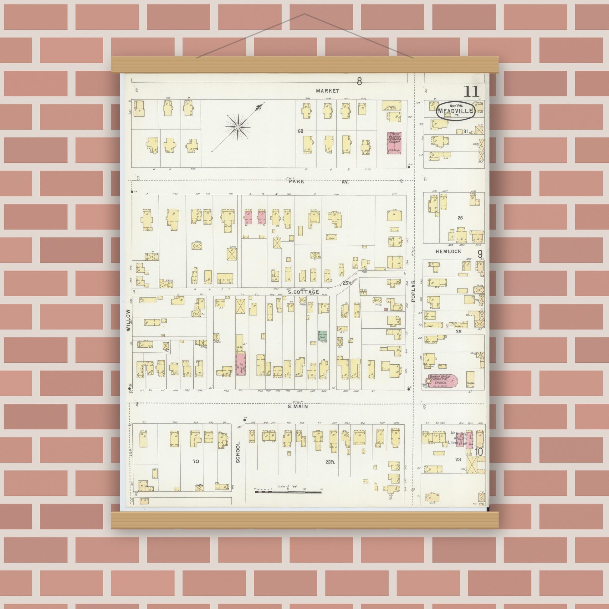 Old map wall art mockup — magnetic wood frame on brick wall — Sanborn Fire Insurance Map from Meadville, Crawford County, Pennsylvania (1896), Sheet #0011