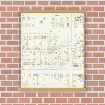 Old map wall art mockup — magnetic wood frame on brick wall — Sanborn Fire Insurance Map from Meadville, Crawford County, Pennsylvania (1896), Sheet #0011
