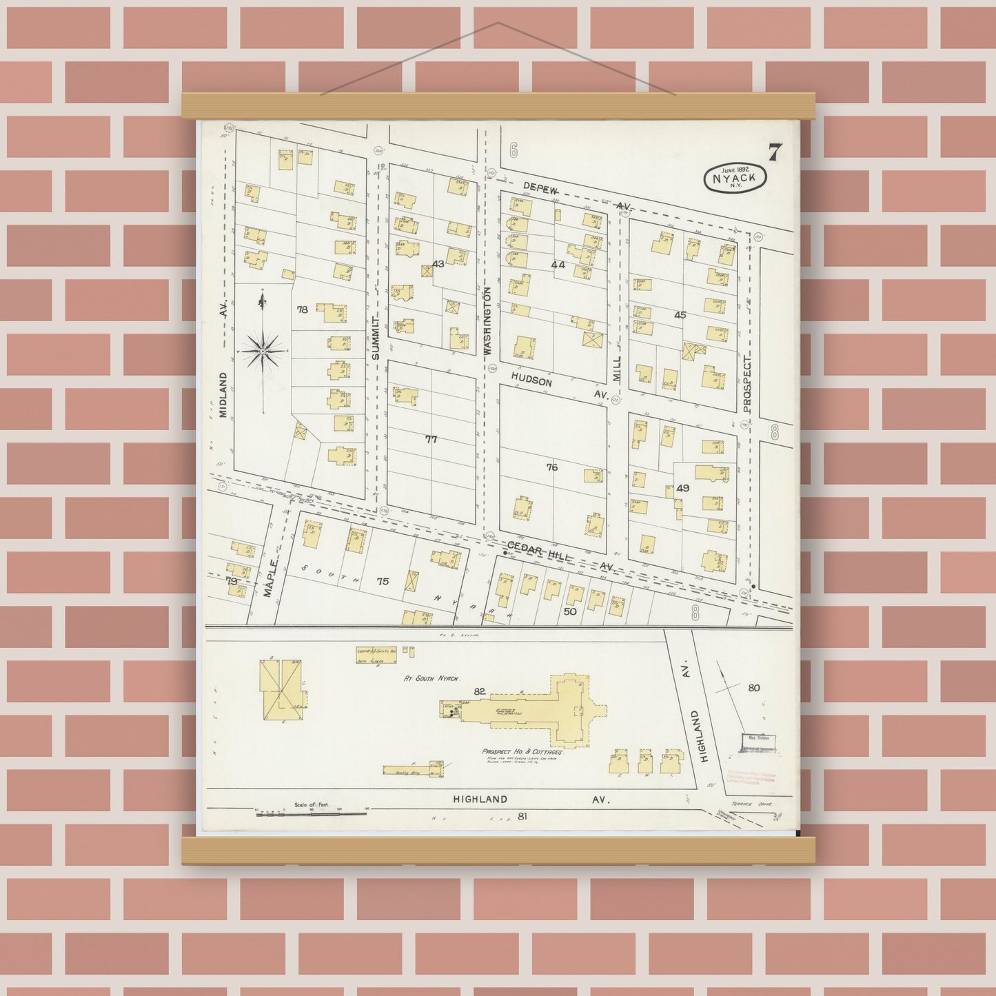 Old map wall art mockup — magnetic wood frame on brick wall — Sanborn Fire Insurance Map from Nyack, Rockland County, New York. (1892), Sheet #0007