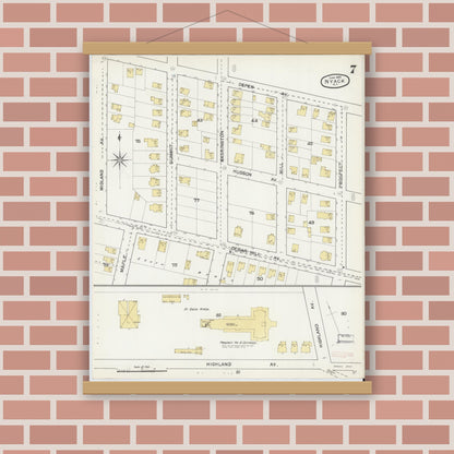 Old map wall art mockup — magnetic wood frame on brick wall — Sanborn Fire Insurance Map from Nyack, Rockland County, New York. (1892), Sheet #0007
