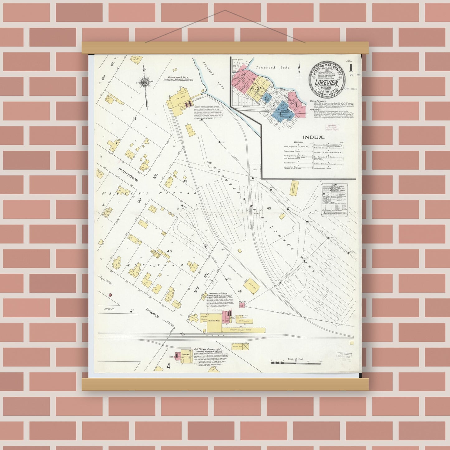 Old map wall art mockup — magnetic wood frame on brick wall — Sanborn Fire Insurance Map from Lakeview, Montcalm County, Michigan (1911) - Complete Map Set