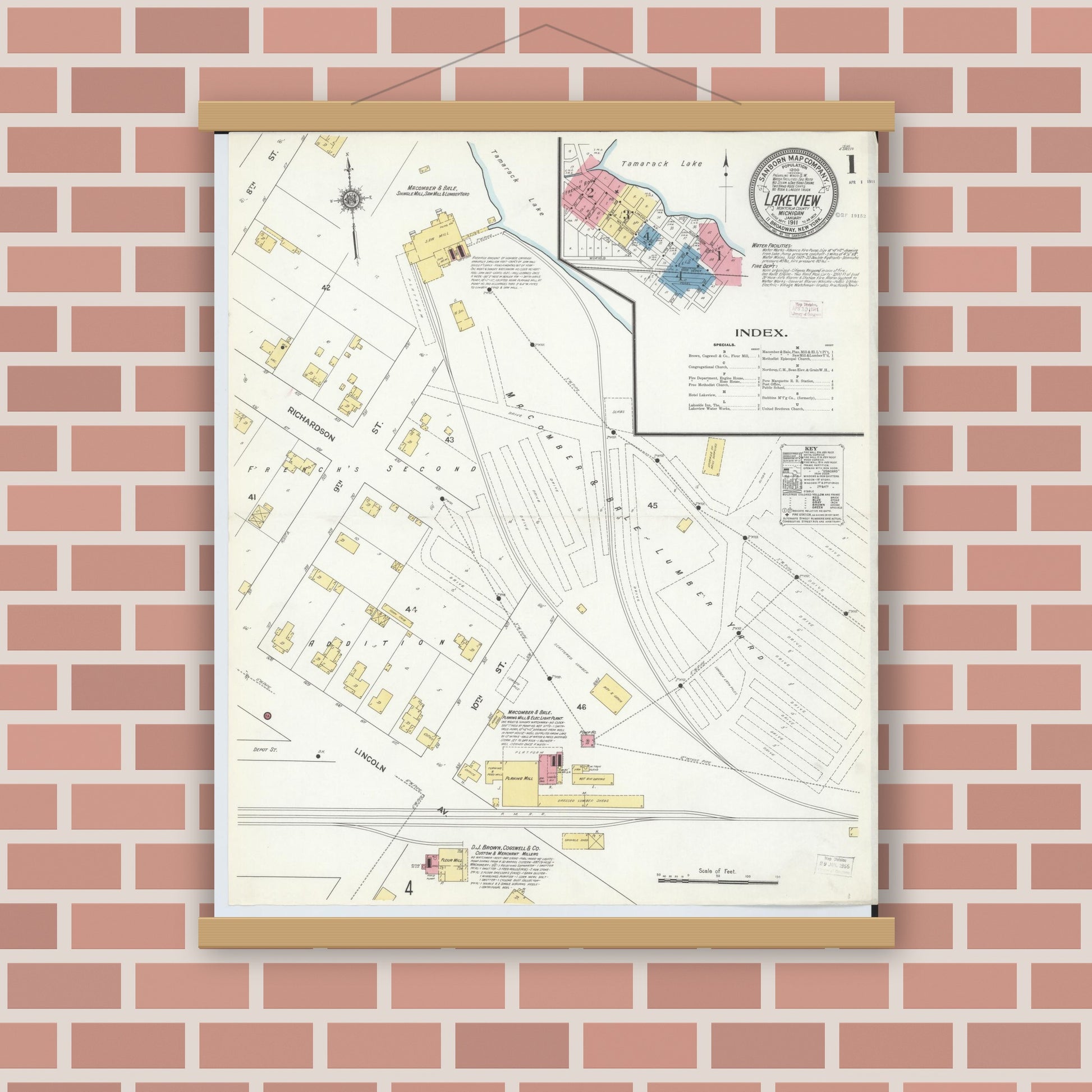 Old map wall art mockup — magnetic wood frame on brick wall — Sanborn Fire Insurance Map from Lakeview, Montcalm County, Michigan (1911) - Complete Map Set