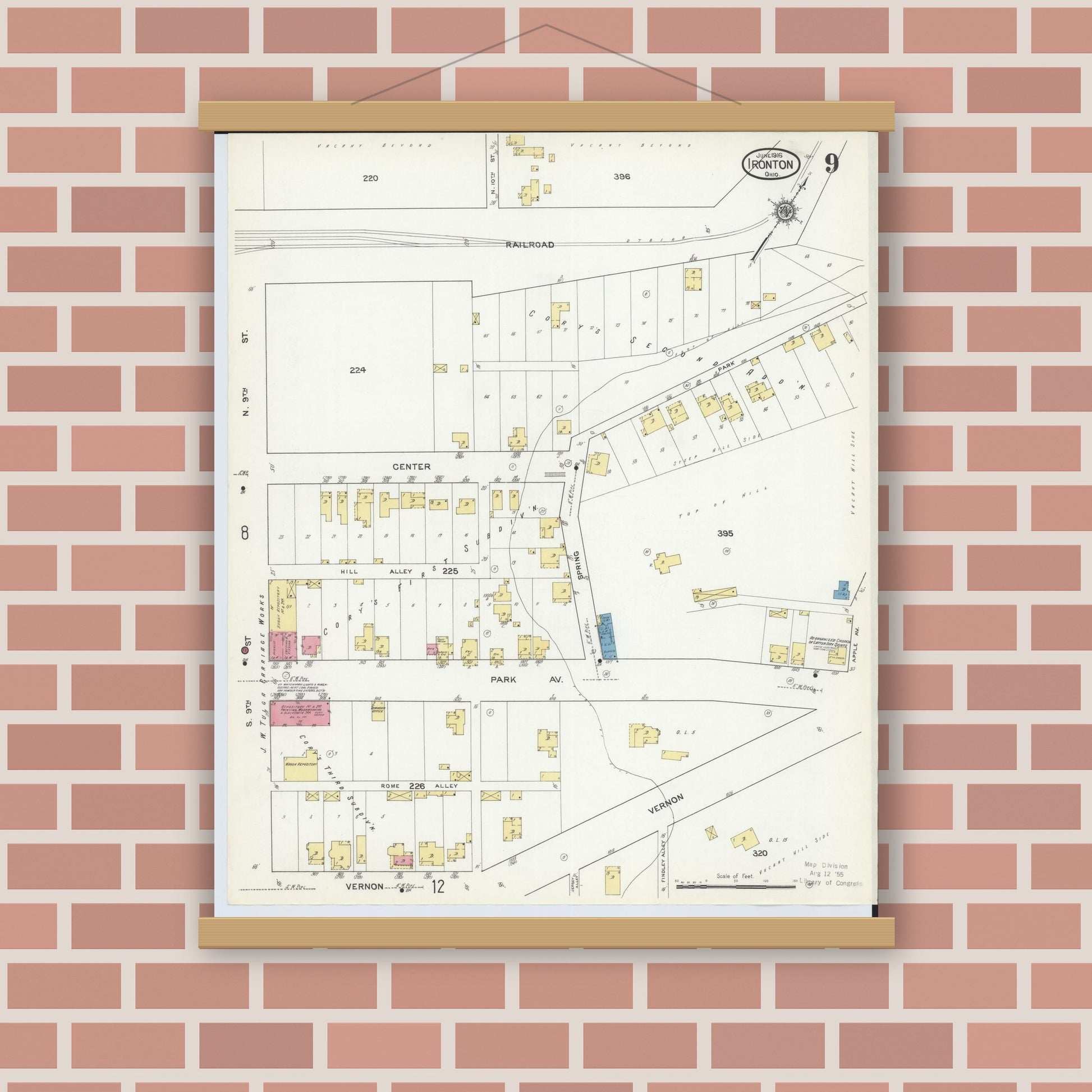 Old map wall art mockup — magnetic wood frame on brick wall — Sanborn Fire Insurance Map from Ironton, Lawrence County, Ohio (1916), Sheet #0009