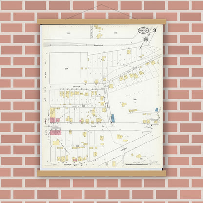 Old map wall art mockup — magnetic wood frame on brick wall — Sanborn Fire Insurance Map from Ironton, Lawrence County, Ohio (1916), Sheet #0009