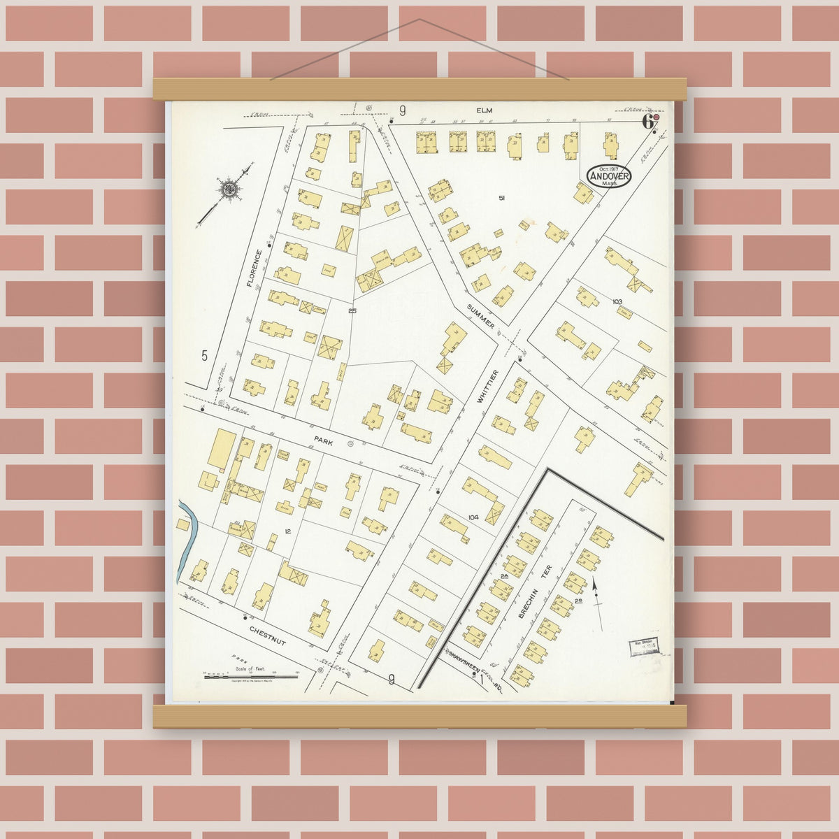 Old map wall art mockup — magnetic wood frame on brick wall — Sanborn Fire Insurance Map from Andover, Essex County, Massachusetts (1917), Sheet #0006