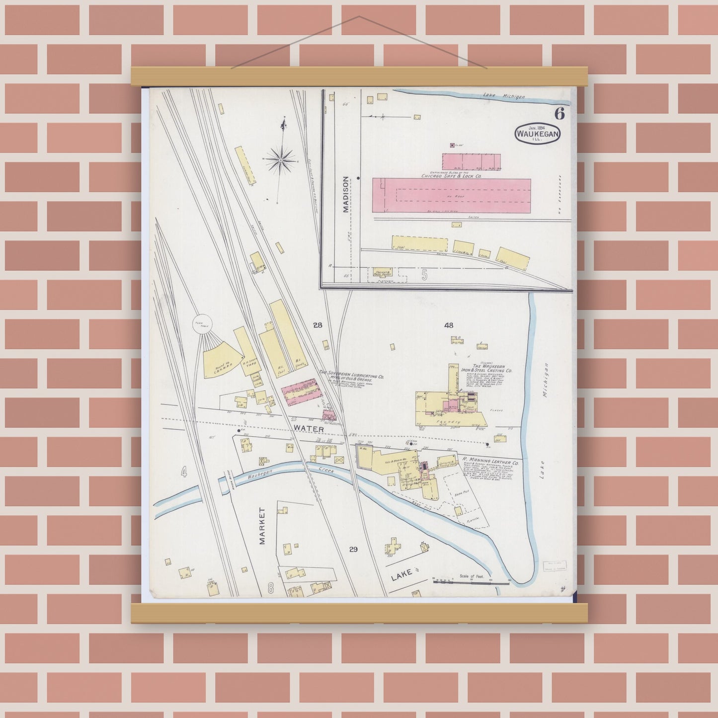 Old map wall art mockup — magnetic wood frame on brick wall — Sanborn Fire Insurance Map from Waukegan, Lake County, Illinois (1894), Sheet #0006